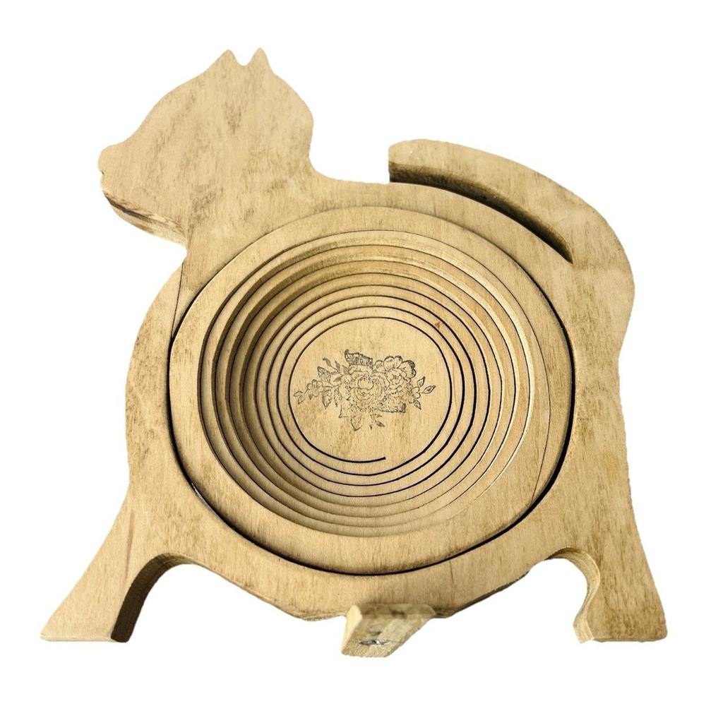 Cat Shaped Folding Collapsible Wooden Basket Catch All Bowl Decor 9" Tall - Picture 2 of 8